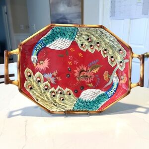 Tracy Porter Artesian Road Collection Hand Painted Handle Tray Peacock Platter
